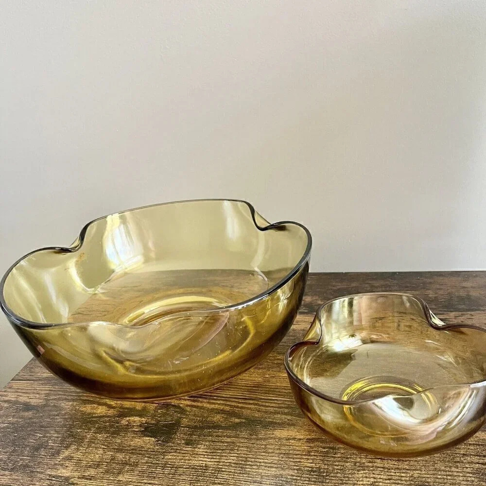 Vintage| Anchor Hocking "Accent Modern" Chip and Dip Set in Honey Gold Amber MCM